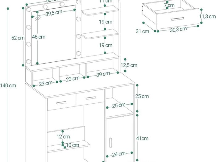 Vanity Desk with Mirror and 10 LED Lights, Makeup Vanity with 3 Shelves & 4 Open Compartments, Dressing Table with 2 Drawer & Cabinet, 3 Adjustable Lighting Brightness,Greige