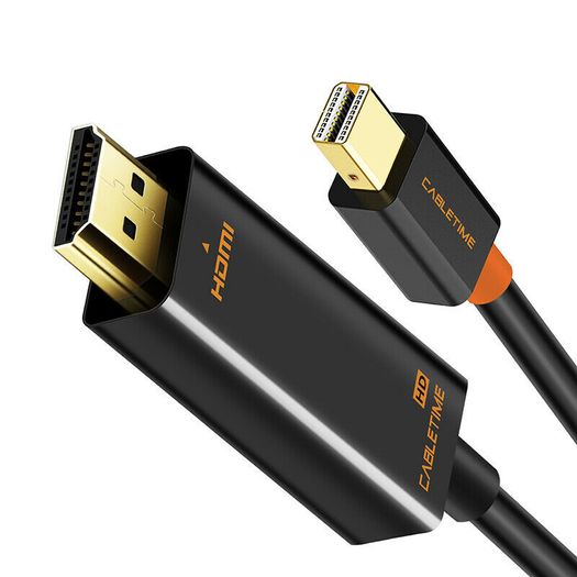 Cabletime 2M Mini DisplayPort (Thunderbolt) to HDMI 1080P Male (Video-Audio) TV (Gold-Plated) Cable (Black) (Brand New/Warranty)