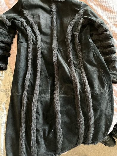 Vintage black embellished long leather coat / black suede long jacket / 90s suede coat / black suede leather coat