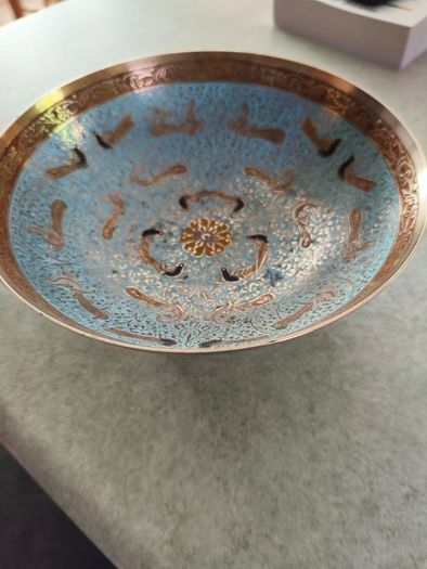 Antique Enamel Cloisonne Brass Footed Bowl - Asian Motif -  Art Nouveau Decor.
