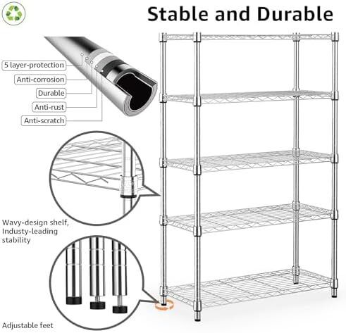 1250 lbs Steel Heavy Duty 5-Tier Utility Shelving Unit Steel Organizer Wire Rack for Home,Kitchen,Office,Chrome 35 x 60 x 158.7 cm
