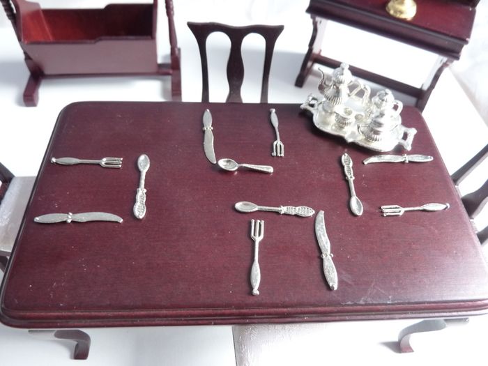 Vintage wood doll's house dining room furniture & tableware