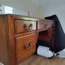 Vintage Solid Wood Writing Desk with Brass Handles 5 Drawers Image 3