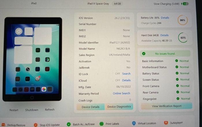 Apple iPad 9th Gen (A2602) 10.2" 64GB - Space Grey, WiFi