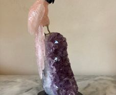 Rose Quartz Parrot on Large Amethyst Geode Cluster Base