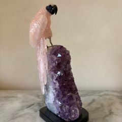 Rose Quartz Parrot on Large Amethyst Geode Cluster Base