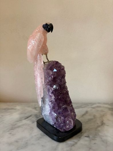 Rose Quartz Parrot on Large Amethyst Geode Cluster Base