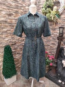 Vintage Shirt Dress Green and Navy Print