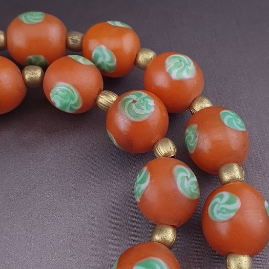 Vintage Venetian Style Orange Floral Glass With pumtek pyu Pendant Necklace