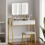 Makeup Table with Mirror and Stool, Vanity Dressing Table Set with 3 Color Adjustable Brightness LED Lights, 2 Large Storage Drawers and Metal Frame for Bedroom, White and Gold Image 8