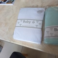 Baby G  2 X FItted  Cot Sheets. Plain White & Aqua Green.  B.N.W.T