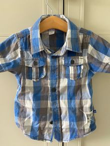 Grey, white & blue checker short sleeve shirt 12-18 months