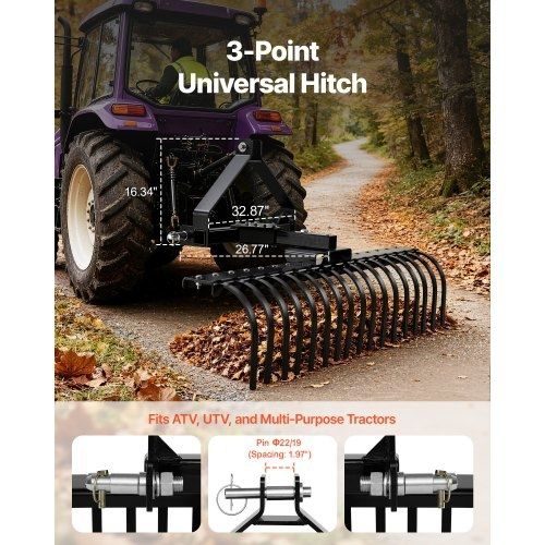 127 cm Lanscape Rock Rake, 3-Point Tow Behind Landscape Rake with 17 Steel Tines, Fit Category 1 Tractors, Angle Adjustable, Heavy Duty Lawn Dethatcher Rake for Grass Branch Debris