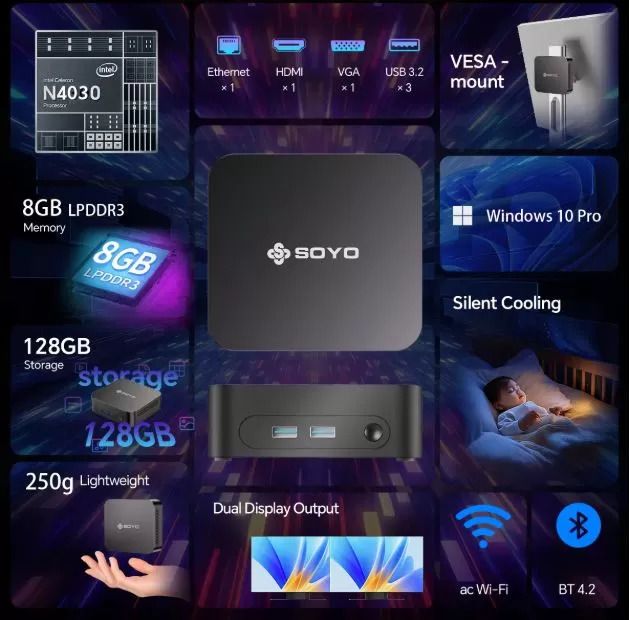 SOYO Y5 Mini PC Intel I3-4030U Processor 8GB RAM 128GB SSD Windows 10 PRO Bluetooth WIFI5 Supports 4K Display Mini Computer
