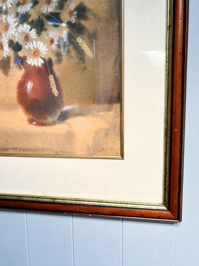 Original Vintage Watercolour Painting Still Life Daisies in Terracotta Vase Signed