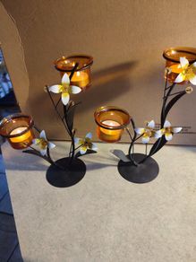 SET OF 2 Partylite Floral Tea Lights In Amber glass holder Tree W/ WHITE AND Yellow Flowers.