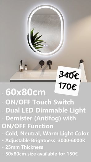 LED Bathroom Mirrors Selection Clock Speakers Bluetooth Demister Antifog Wi-Fi Weather Station Makeup