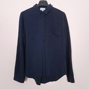 Bella Dahl Navy Blue Classic Long Sleeve Tencel Button Up Utility Shirt Size L