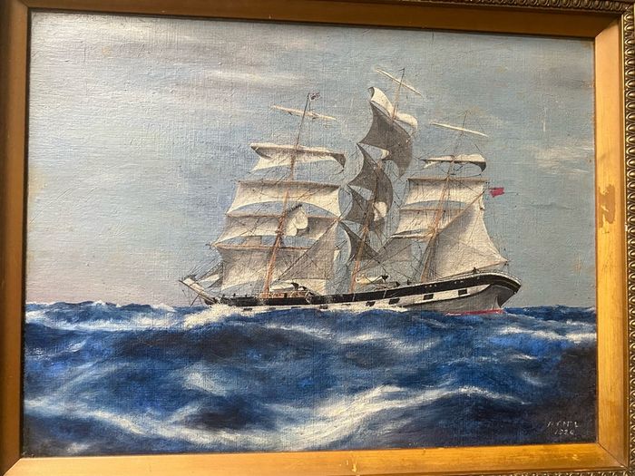 oil on board Vintage 1926 British School Marine Oil Painting Full-Rigged Sailing Ship in Rough Seas, Signed H.T.M.L.