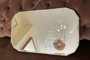 Large Early Mid Century Vintage Beveled Mirror with Reversed Carved Etched Image