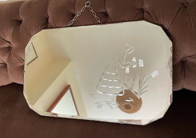 Large Early Mid Century Vintage Beveled Mirror with Reversed Carved Etched Image