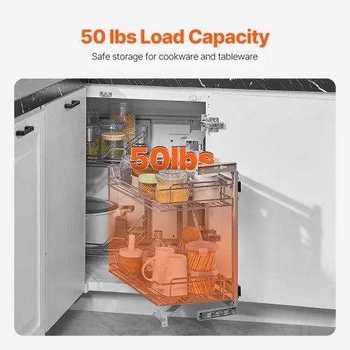 18"W Opening Blind Corner Pull Out Organizer, 2 Tier 4 Shelf Kitchen Cabinet Organizer, Magic Chrome Carbon Steel Storage Basket,