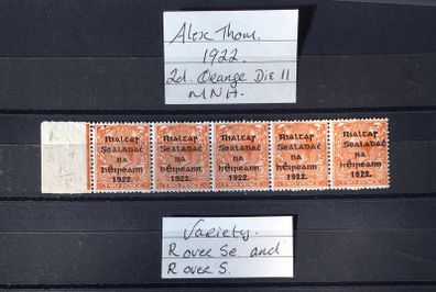 Ireland 1922 Alex Thom 2d Orange Die 2 Variety R over Se and R over S MNH