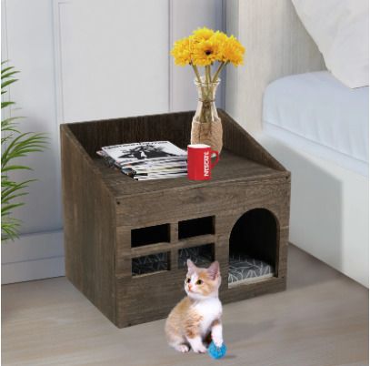 BRAND NEW Durable Wooden Cat Cave Bed Furniture Kitten Sleep Lounge House Bed with Cushion Pad Litter Box for Indoor Cats