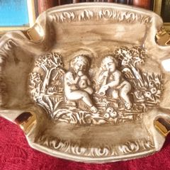 Antique Original R. Capodimonte Made In Italy Ceramic Ashtray With Embossed Cherubs Decoration