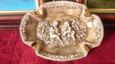 Antique Original R. Capodimonte Made In Italy Ceramic Ashtray With Embossed Cherubs Decoration