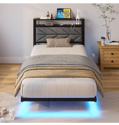 Metal Bed Frame with LED Lights and Charging Station, Heavy Duty Metal Slat Support, Noise Free, No Box Spring Needed