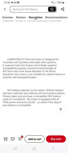 Bafang mid drive 36v 250w new kit and  24Amp  battery,  ebike kit