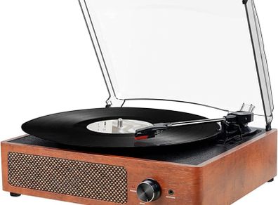 Bluetooth Record Player Belt-Driven 3-Speed Turntable, Vintage Vinyl Record Players Built-in Stereo Speakers, with Headphone Jack/Aux Input/RCA Line Out, Wooden (FREE POSTAGE)