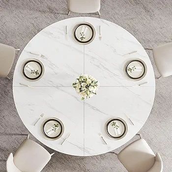 White Faux Marble Round Dining Circle Dining Desk Kitchen Shelf 4-6 People, Mid-Century Pedestal Dinner Table End Coffee Desk Office Living Room Table, White Marble, 51 Inch