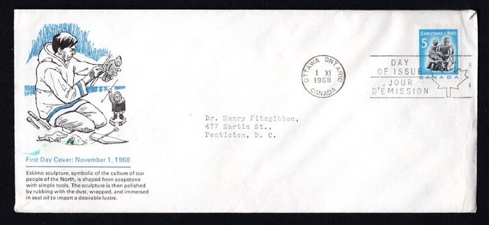 1968 Canada 5c Christmas: Soap Stone Carving Commemorative Stamp First Day Cover (FDC)