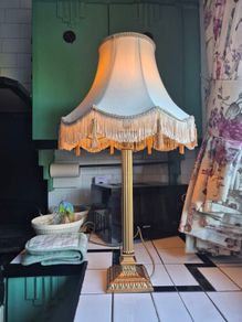 Tall lamp Vintage Gold metal Neoclassical  column lamp with silk called fringed tassled shade