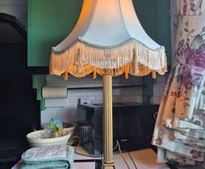 Tall lamp Vintage Gold metal Neoclassical  column lamp with silk called fringed tassled shade
