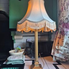 Tall lamp Vintage Gold metal Neoclassical  column lamp with silk called fringed tassled shade