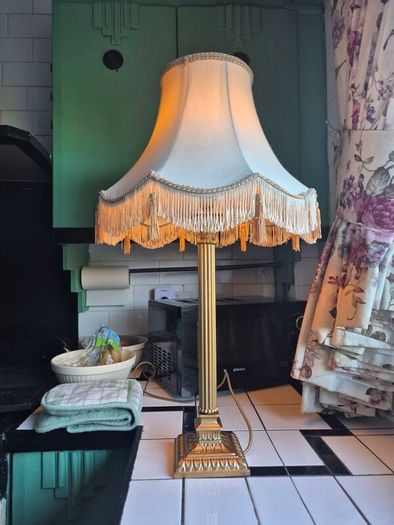 Tall lamp Vintage Gold metal Neoclassical  column lamp with silk called fringed tassled shade