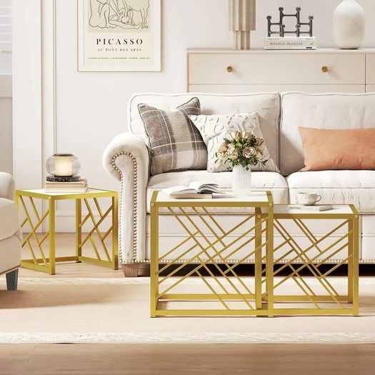 Nesting Coffee Tables, Set of 3 Square Side Tables with Black Metal Frame, for Living Room, Bedroom and Office, White