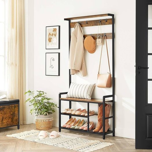 Coat Rack, Hall Tree with 8 Hooks, Shoe Bench, Storage Shelves, for Entryway, Bedroom, Steel Frame, Industrial Style, Rustic Brown and Black
