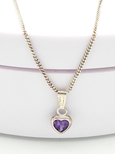 Tiny Amethyst Silver Heart On Italian Chain
