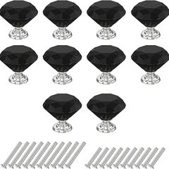 10Pcs 30mm Crystal Door Knobs, Glass Drawer Knobs Crystal Door Handles Diamond Pulls Zinc Alloy with 40 Screws of 2 Sizes 25mm, 19mm for Home Kitchen Office Chest Bin Drawer Decorating, Black