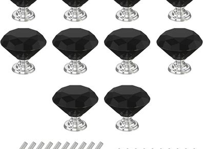 10Pcs 30mm Crystal Door Knobs, Glass Drawer Knobs Crystal Door Handles Diamond Pulls Zinc Alloy with 40 Screws of 2 Sizes 25mm, 19mm for Home Kitchen Office Chest Bin Drawer Decorating, Black