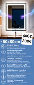 LED Bathroom Mirror 60x80cm Bluetooth Antifog Dual LED Light Memory Function