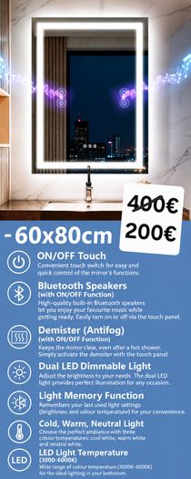 LED Bathroom Mirror 60x80cm Bluetooth Antifog Dual LED Light Memory Function