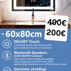 LED Bathroom Mirrors Speakers Demister Antifog Weather Station Clock Dual LED Sensor Touch