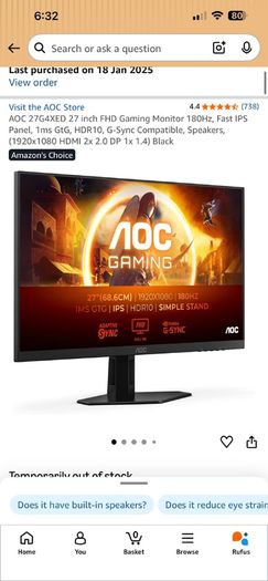 AOC 27G4XED 27 inch FHD Gaming Monitor 180Hz