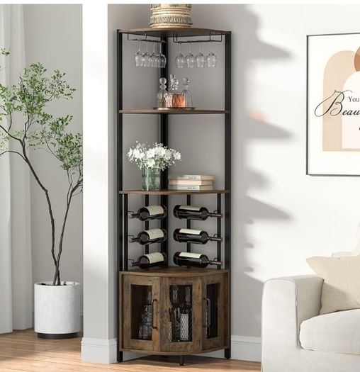 Corner Bar Cabinet with Glass Holder, 4 Tier Liquor Wine Cabinet with Metal Mesh Doors, Buffet Cabinet Wine Rack Cabinet with Anti-tip Kit for Home Coffee Bar Liquor and Wine Storage
