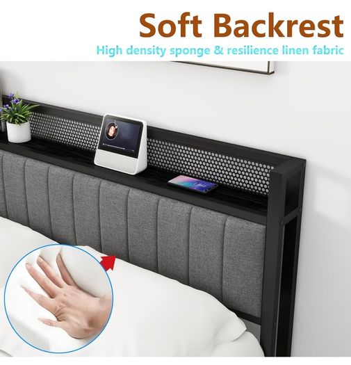King Size Bed Frame with Storage and Headboard Shelf